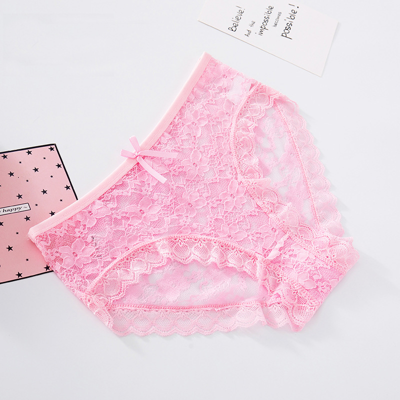 Sexy Women&#39;s Panties Thin Transparent Briefs Lace Underwear Low Rise Underpants Girls Bow Cotton Lingerie: Pink panties / L for 45-55kg