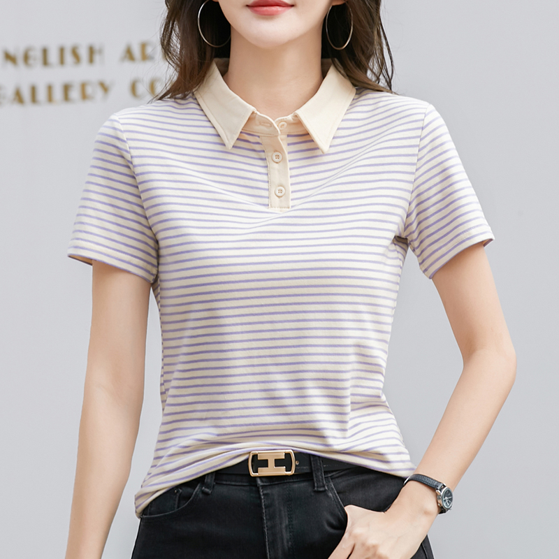 Korean Style Short Sleeve Polo Shirt Women Cotton Stretch Summer Tops Knitted Striped T-shirt For Women: XXXL / CORAL RED