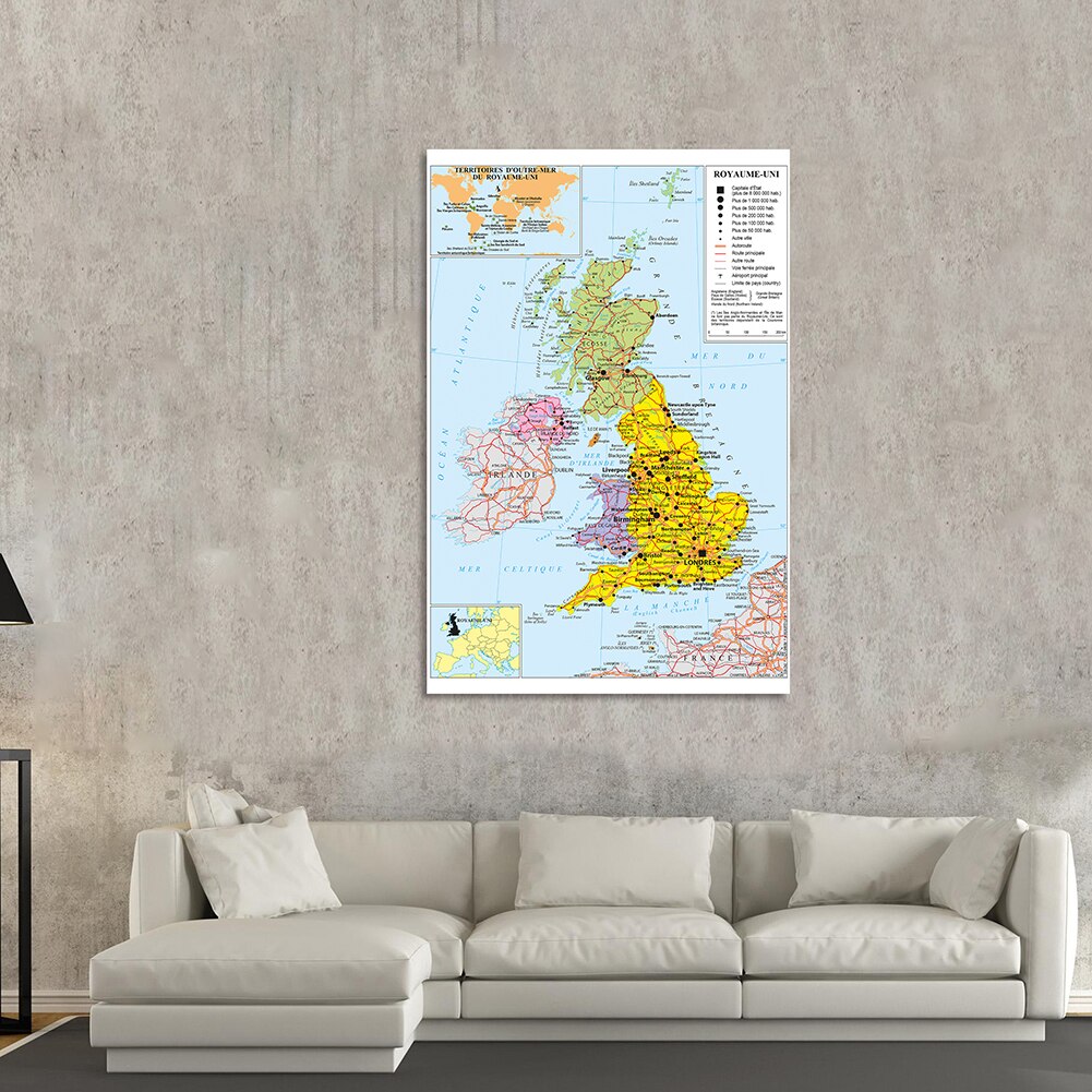 100*150cm The United Kingdom Political Traffic Map In French Wall Poster Vinyl Canvas Painting School Supplies Home Decor