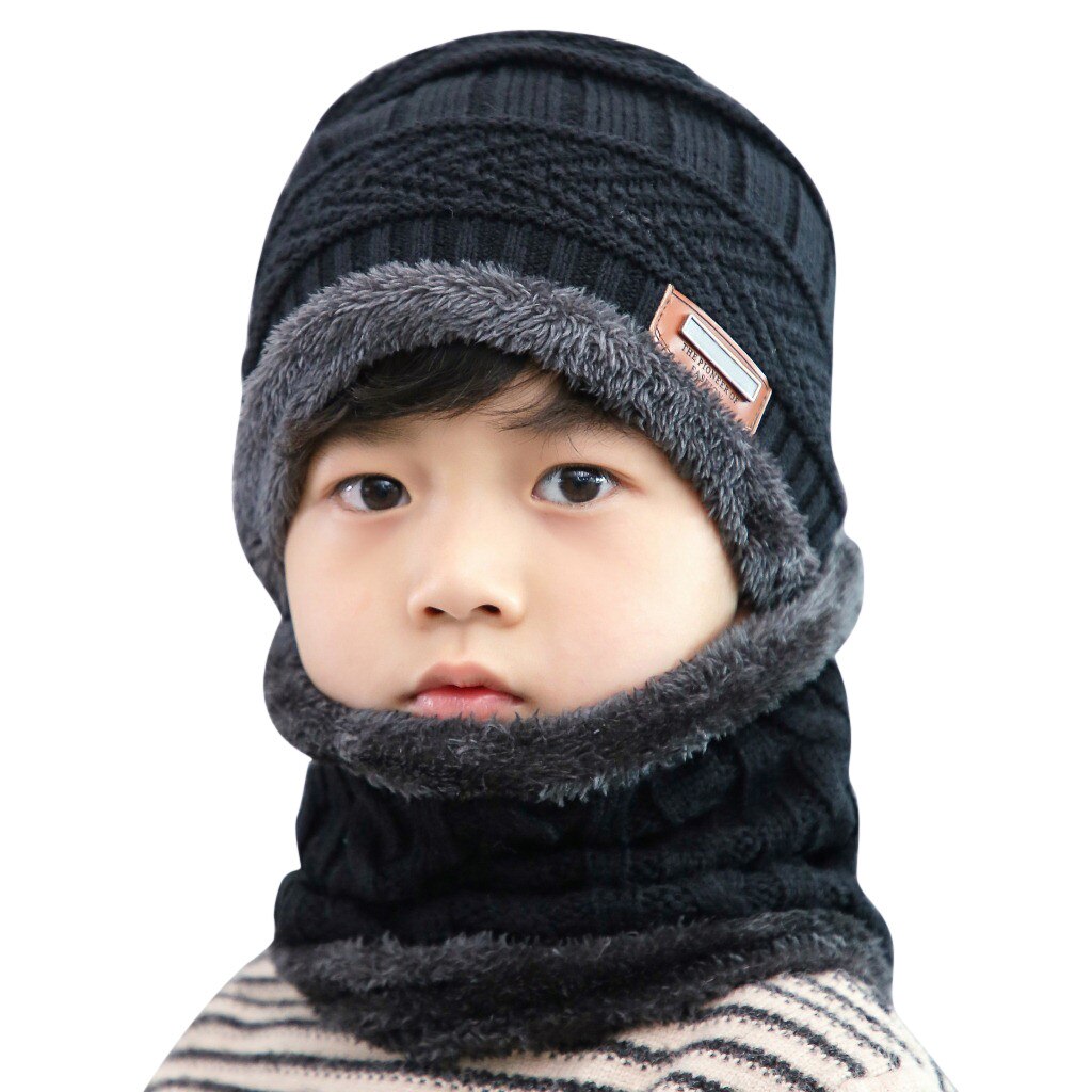 Cappello da neonato in pile colori a contrasto cappelli invernali caldi lavorati a maglia per cappello da bambino + sciarpa Set di due pezzi berretto lavorato a maglia per bambini berretto gorro: BK