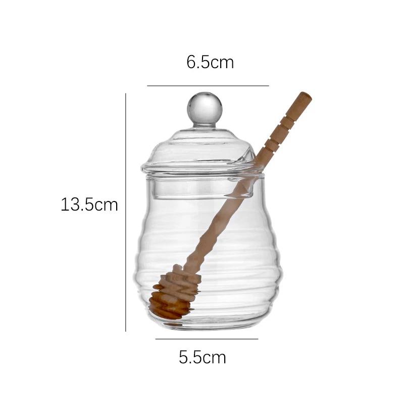 Szklany słoik na miód z pokrywką, przezroczysty słoik na dżem, prążkowana szklana butelka, domowa kuchnia, pojemnik do przechowywania miodu z mieszadłem: Czerwony