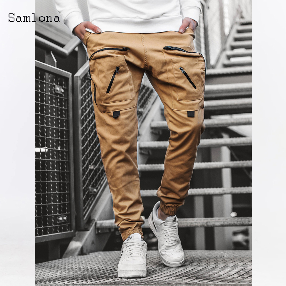 Fritid cargo bukser lommer glidelås bukser menn sommer sport hip hop jogger bukser herre fritids joggebukser streetwear: Xl / Khaki