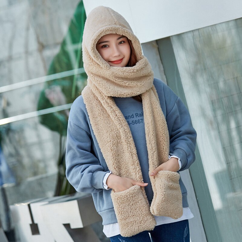 3 In 1 Vrouwen Warm Hood Sjaal Snood Pocket Handschoenen Hoed Leuke Voor Winter Outdoor-MX8: Beige