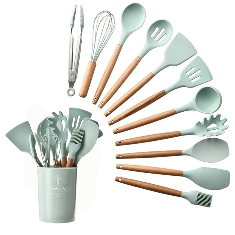 Kitchen Tools Natural Acacia Wood Silicone Cookware Utensil Set Cozinha Spatula Soup Pasta Mestoli Silicone Kitchen Accessories