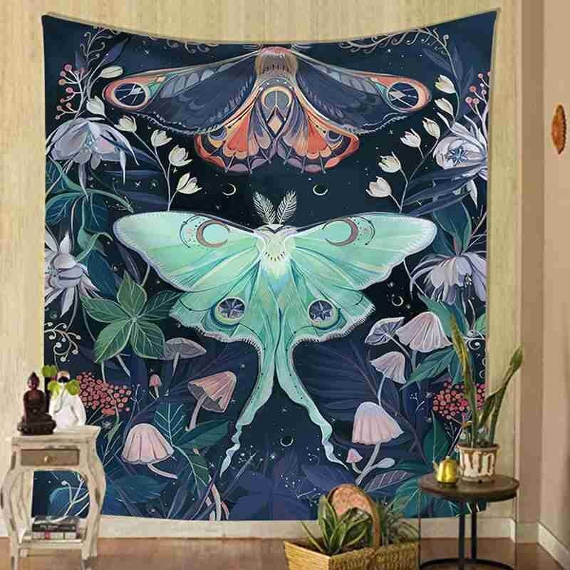 Tapiz negro con Floral de Luna, tapiz colgante de pared antiguo, tapiz de brujería con mariposas, tapiz para decoración de pared del hogar, alfombras, tapices