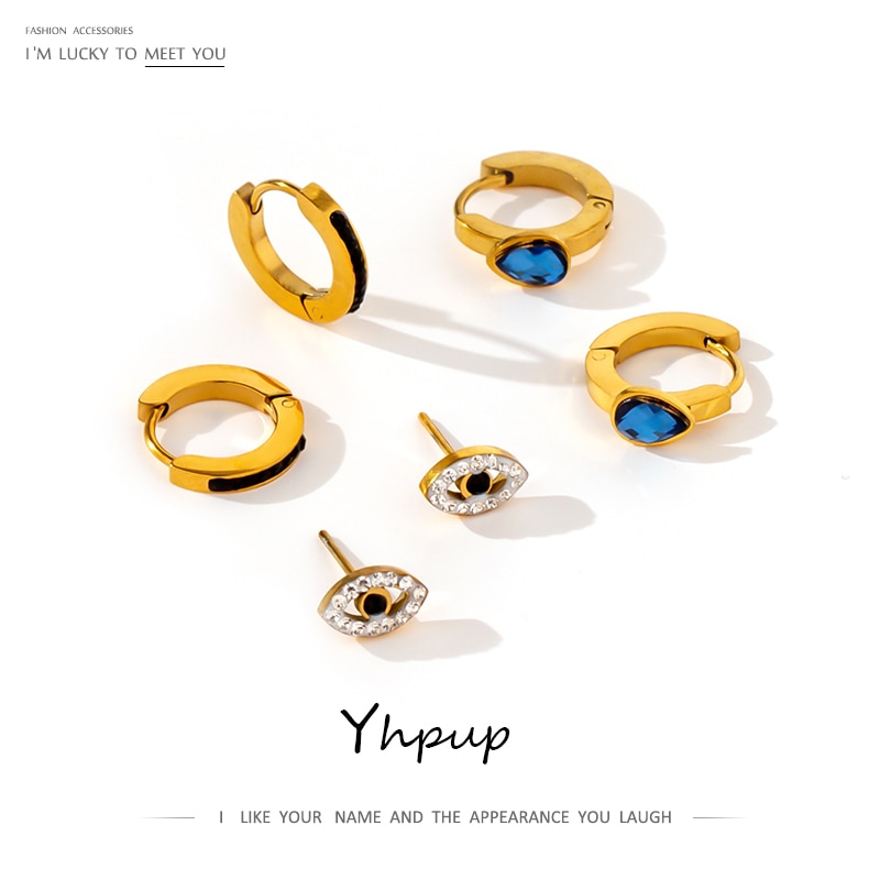 Yhpup luxo strass olho brincos de aço inoxidável conjunto jóias temperamento metal 18 k banhado brincos femininos requintado kolczyki