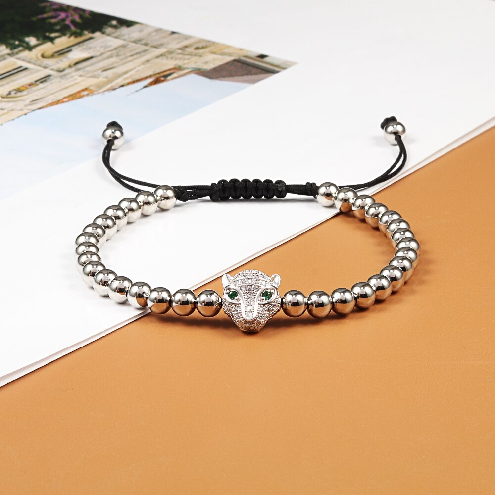 Leopard Head Bracelet Adjustable Beads Pave Zircon Bracelet For Men Women Charm Jewelry Best Friend: alloy leopard