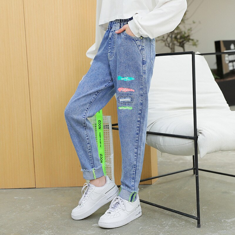 Aankomst Meisje Jeans Tiener Meisjes Skinny Jeans Kinderen Klassieke Mid Taille Print Jeans Meisjes Blauw Denim Broek Kids Meisjes kleding