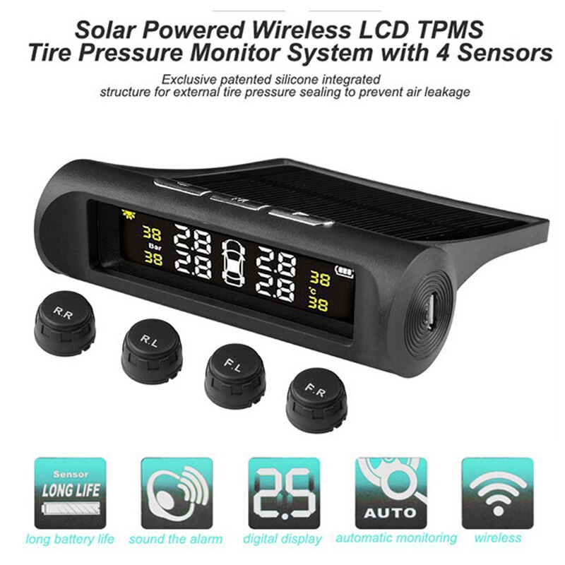 Draadloze slimme bandenmonitor op zonne-energie, tpms-bandenspanningscontrolesysteem op zonne-energie met 4 externe sensoren, ,6 alarmmodi