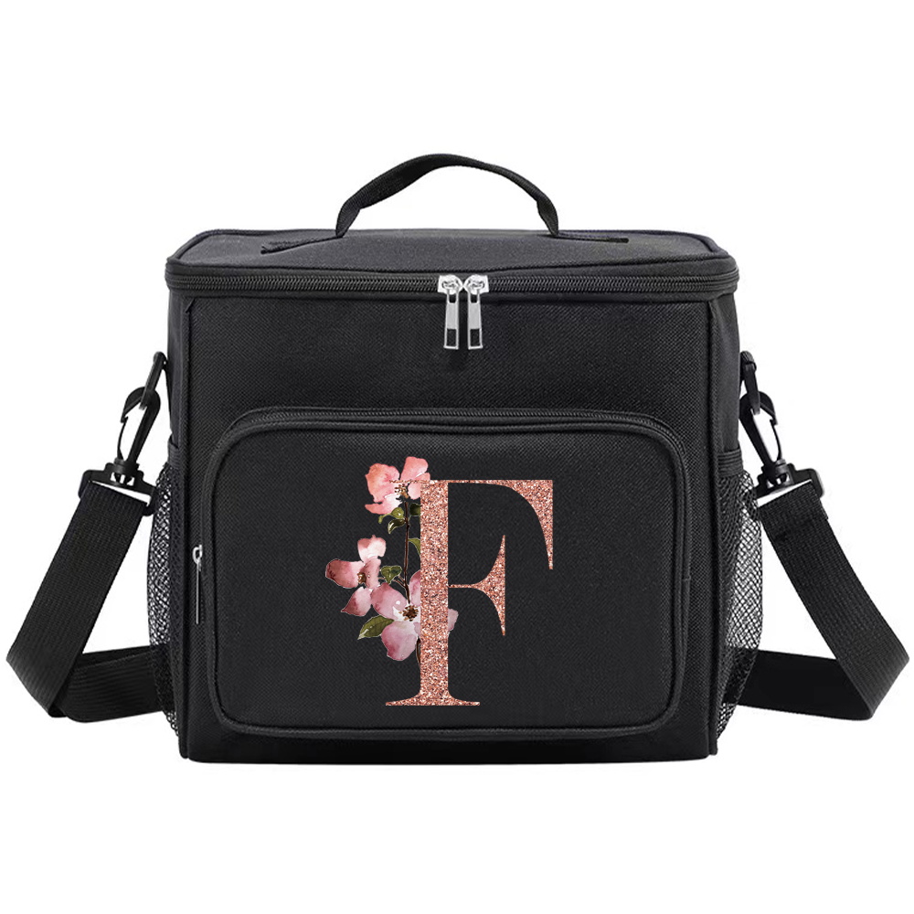 Multi-Pocket Lunch Box for College Student Black Color Food Tote Bag Storage Bag Organizer Bento Rose Gold Series Printing: Gold