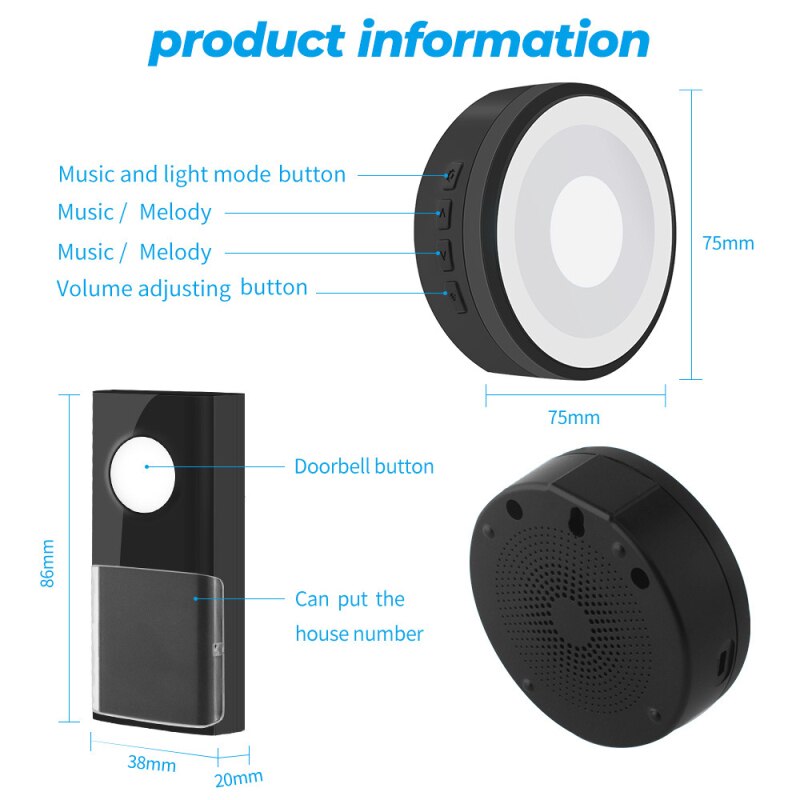 433MHZ Wireless Bell Set Smart Doorbell Home USB Power Supply 58 Songs IP55 Waterproof Receiver Button Smart Home Door Bell