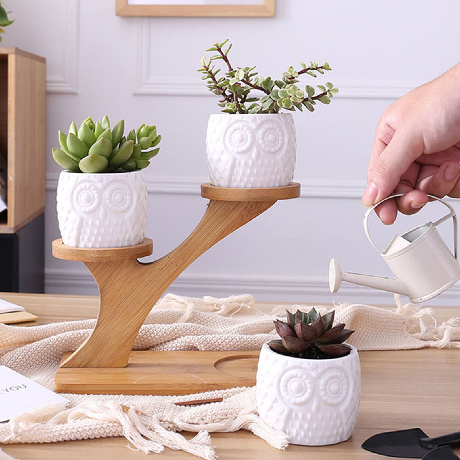 Succulent Pot Mini Cactus Pot Desk Garden Wooden Stand Holder 3 Tier White Ceramic Vase Home Office Plant Garden Pots