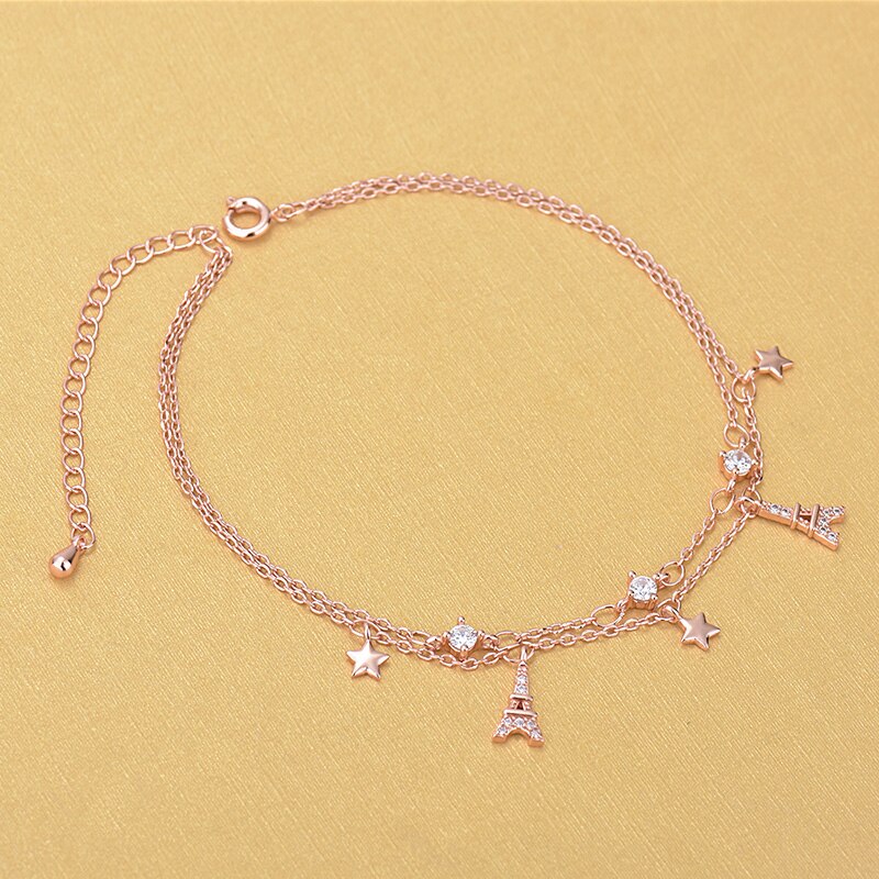 Korea Style Rose Gold Rhinestone Crystal Star Eiffeltoren Charm Enkelbanden Sieraden Voor