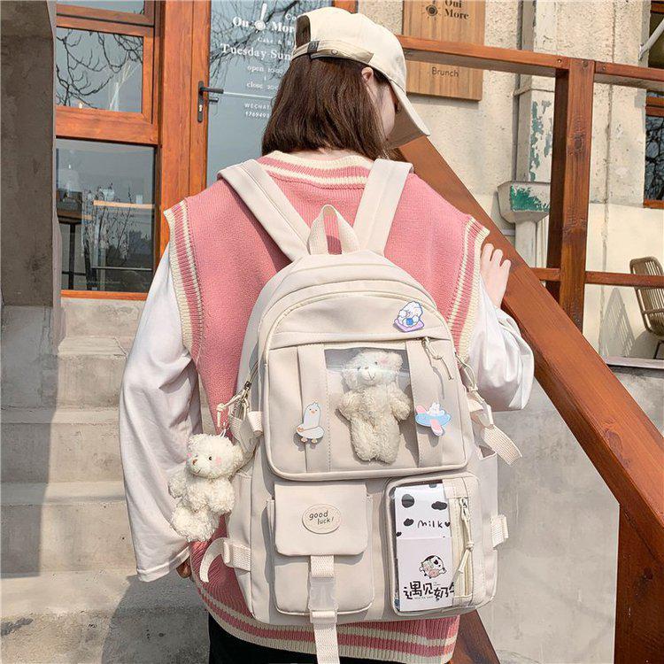 Sac à dos japonais multi-poches pour filles, pour adolescentes,: Beige / Without Bear Badges