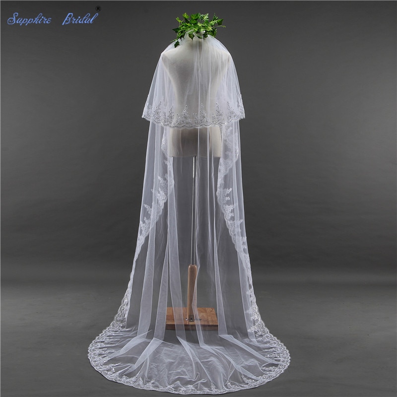 Voile De mariage avec fard à joues gratuit, voile De mariée De saphir 2 niveaux, avec bord en dentelle De 3 mètres