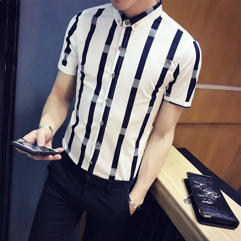 Mønster stribe skjorte mænd sommer mænd kortærmet slim fit skjorte mænd camisa masculina social formel skjorte mænd marineblå: Hvid / Koreansk  m 48-52kg