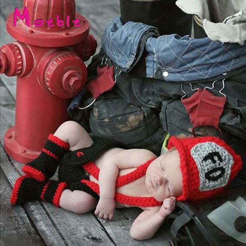 Red Mix Black Baby Firefighter Costume Crochet Baby Fireman Outfits For Photo Infant Baby Boys Crochet Photo Props MZS-16080