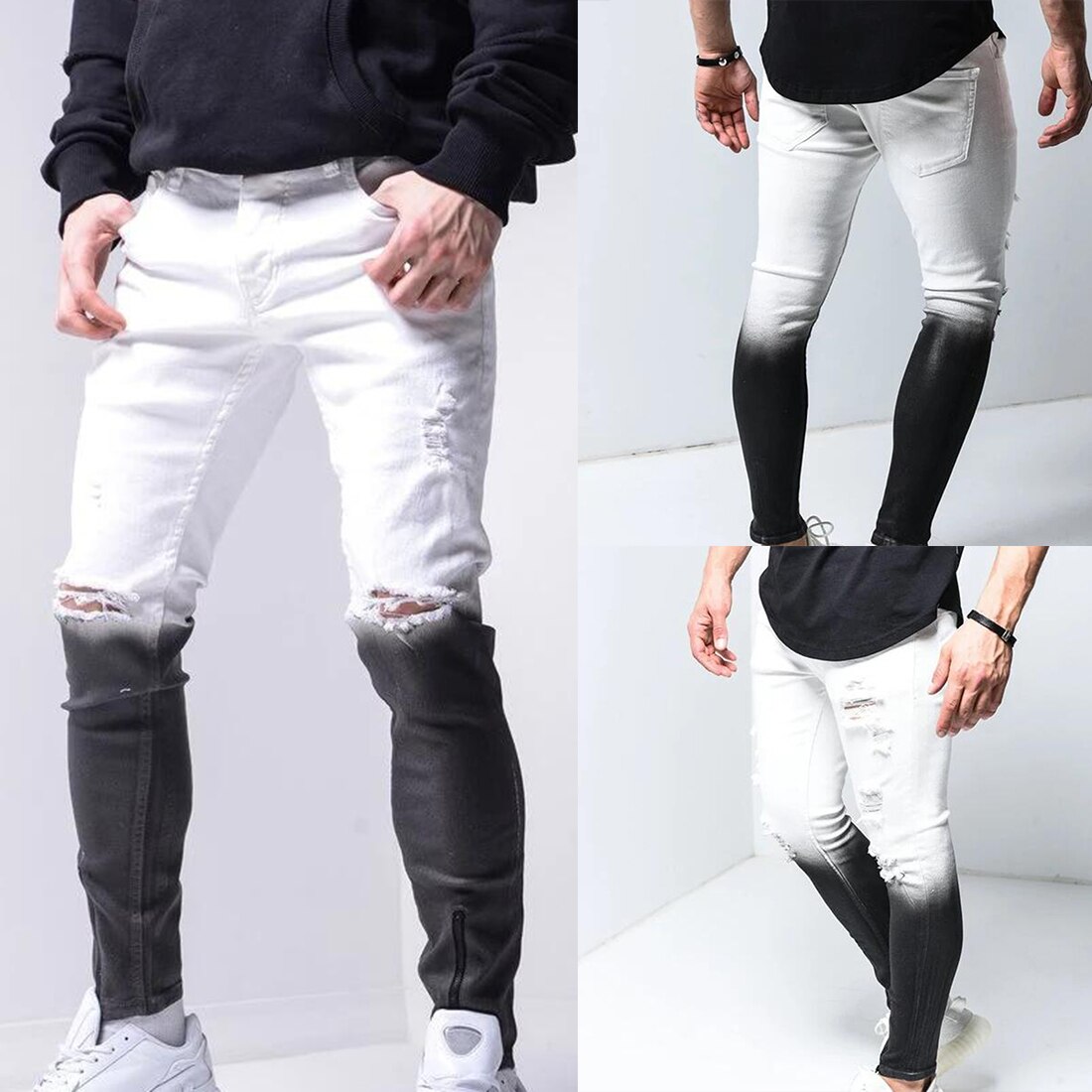 Hip Hop hommes jean déchiré trou Denim pantalon dégradé couleur Denim pantalon en détresse jean pantalon fermeture éclair pantalons Vaqueros Hombre
