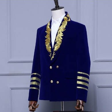 Gold Lapel Mens Blazer Slim fit Royal Blue Velvet Graduation Party Prom Jackets for Men Night Club Stage Suit Tops Dress Tuxedo