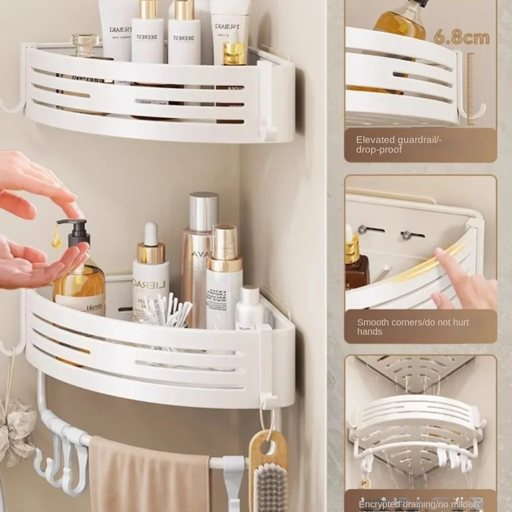 Bathroom Rack Without Punching Wall-Mounted Corner Rack Space Aluminum Bathroom Organizer Storage Rack Bathroom Kitchen Bathroom