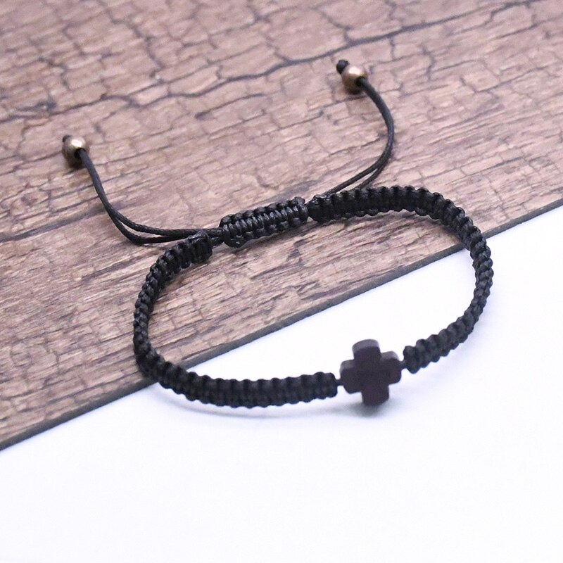 Kristus logo træ kors rosenkrans armbånd justerbar flettet sort reb kæde armbånd til kvinder religiøse kristne smykker