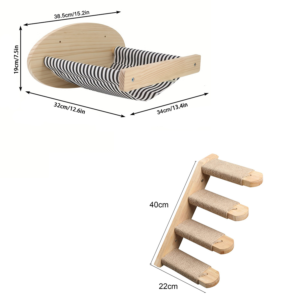 Wall Mounted Cat Tree Cat Climbing Wooden Shelves Climbing Hammock Set Scratching Post and Ladder for Cats Playing and Sleeping: Silver