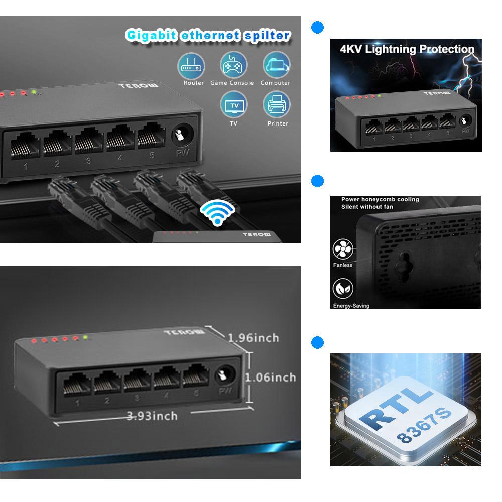 Switch Gigabit a 5 porte e 8 porte TEROW, switch di rete Ethernet 10/100/1000 Mbps con 802.3at/af, design silenzioso plug-and-play compatto
