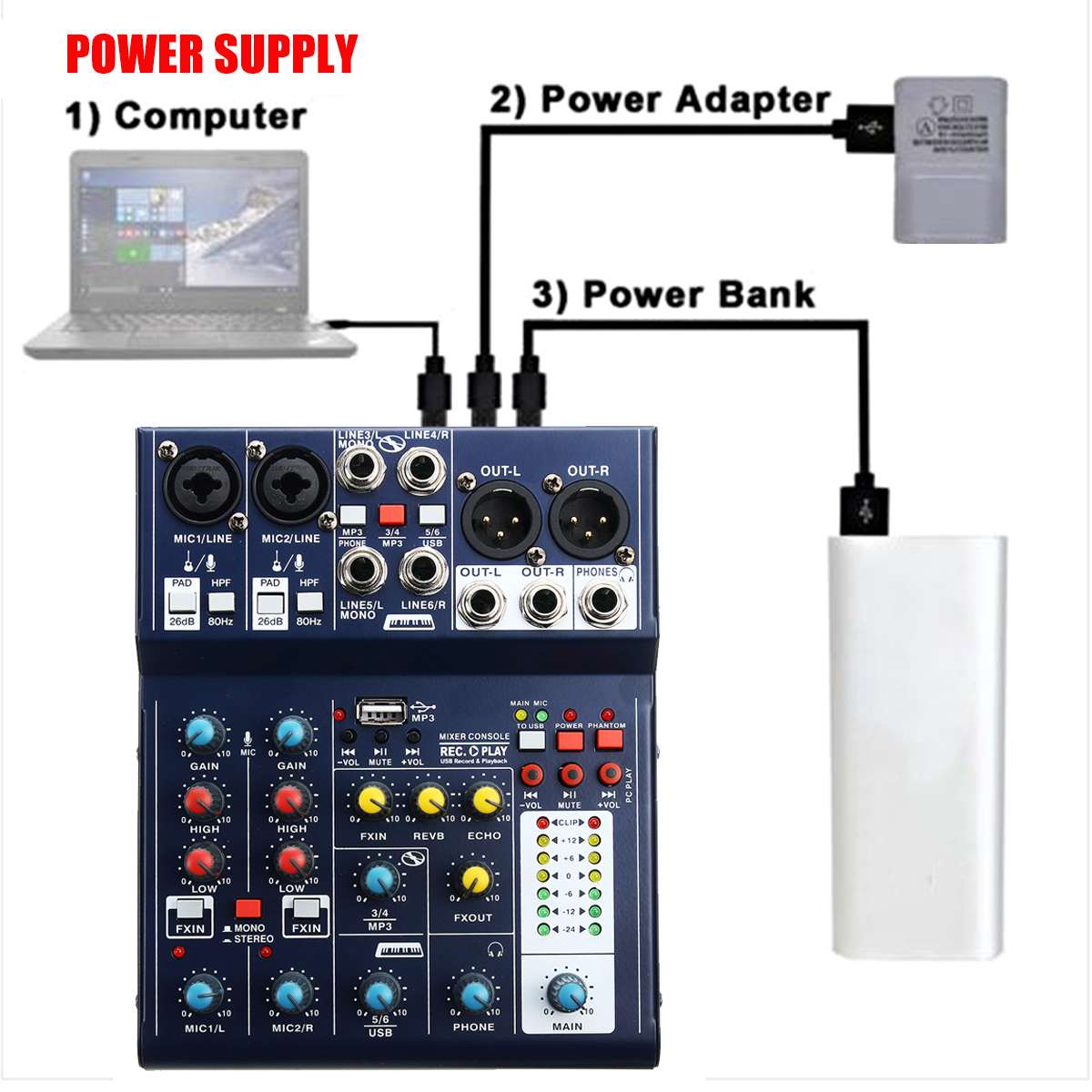 Mini Usb 6 Channel Karaoke Mixing Console Record Computer 48V Phantom Dsp Effect Usb Audio Mixer Console