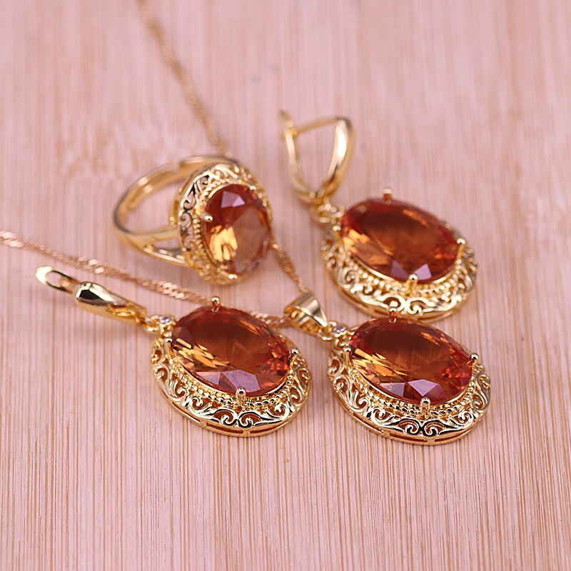 Risenj Dubai Luxe Stijl Vele Kleuren Grote Rode Steen Goud Kleur Sieraden Voor Vrouwen Verstelbare Ring Ketting Set: champagne