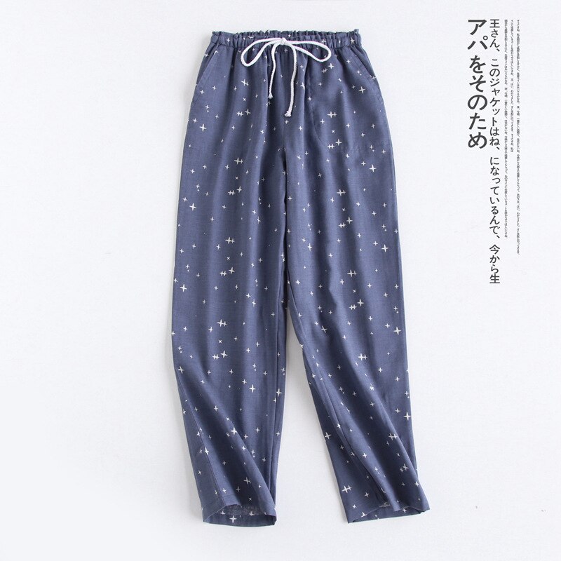 Herfst Katoen Dubbel Gaas Sleep Bottoms Paar Eenvoudige Sterren Pyjamabroek Vrouwen Losse Lounge Dragen Elastische Taille Thuis Kleren: Women Navy / L