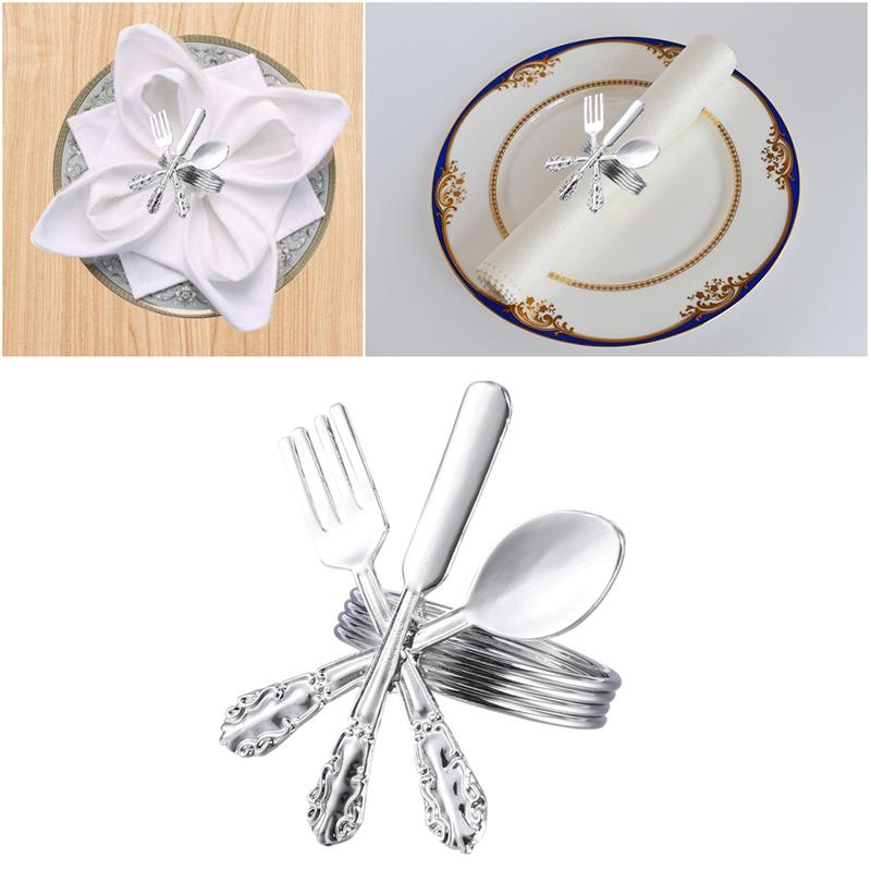 Zinklegering Mooie Vork Mes Lepel Zilveren Servetringen Servies Servetring Houder Voor Bruiloft Tafel Decoratie (Silver)