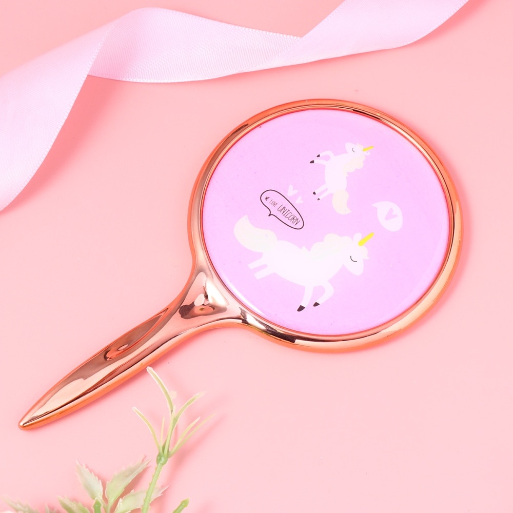 Round Mini Makeup Mirror Stylish Unicorn Pattern Mirror Handle Makeup Mirror for Home Salon Use (Pink)