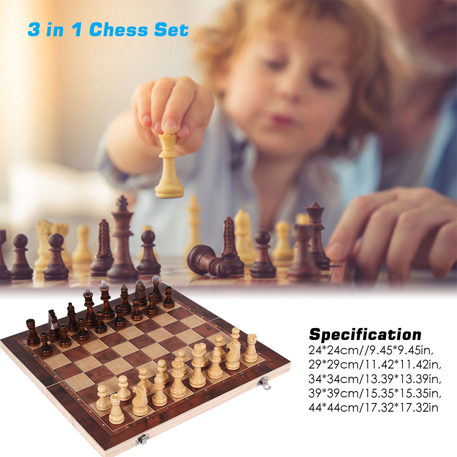 3 in 1 Chess Set Wooden Chess Game Backgammon Checkers Indoor Travel Chess Wooden Folding Chessboard Chess Pieces Chessman