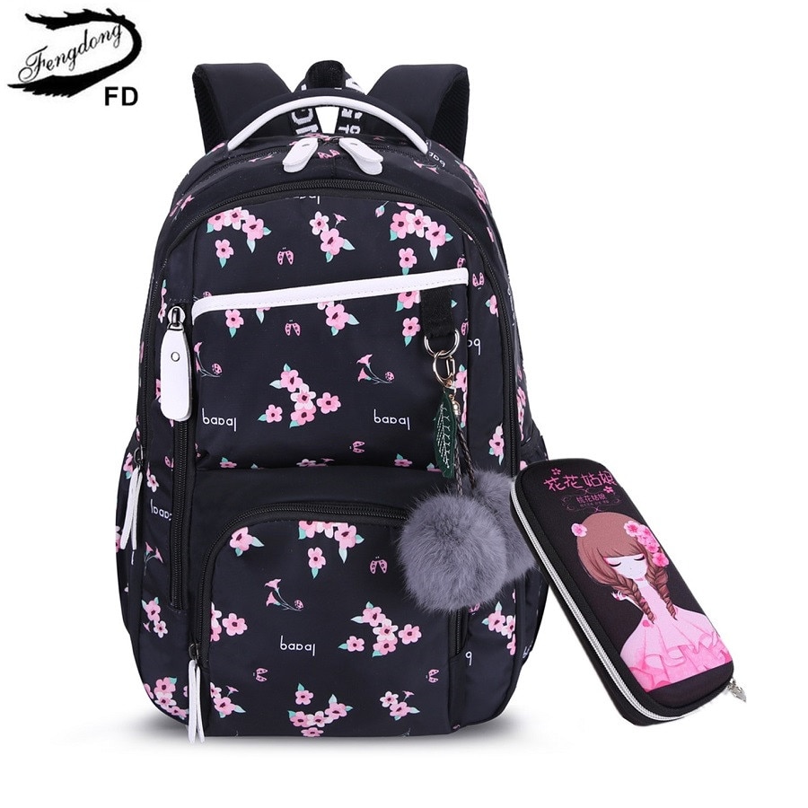 Fengdong freundlicher nette schwarz blume schule Rucksack freundlicher schule taschen für mädchen plüsch Ball freundlicher Kuli bleistift tasche einstellen