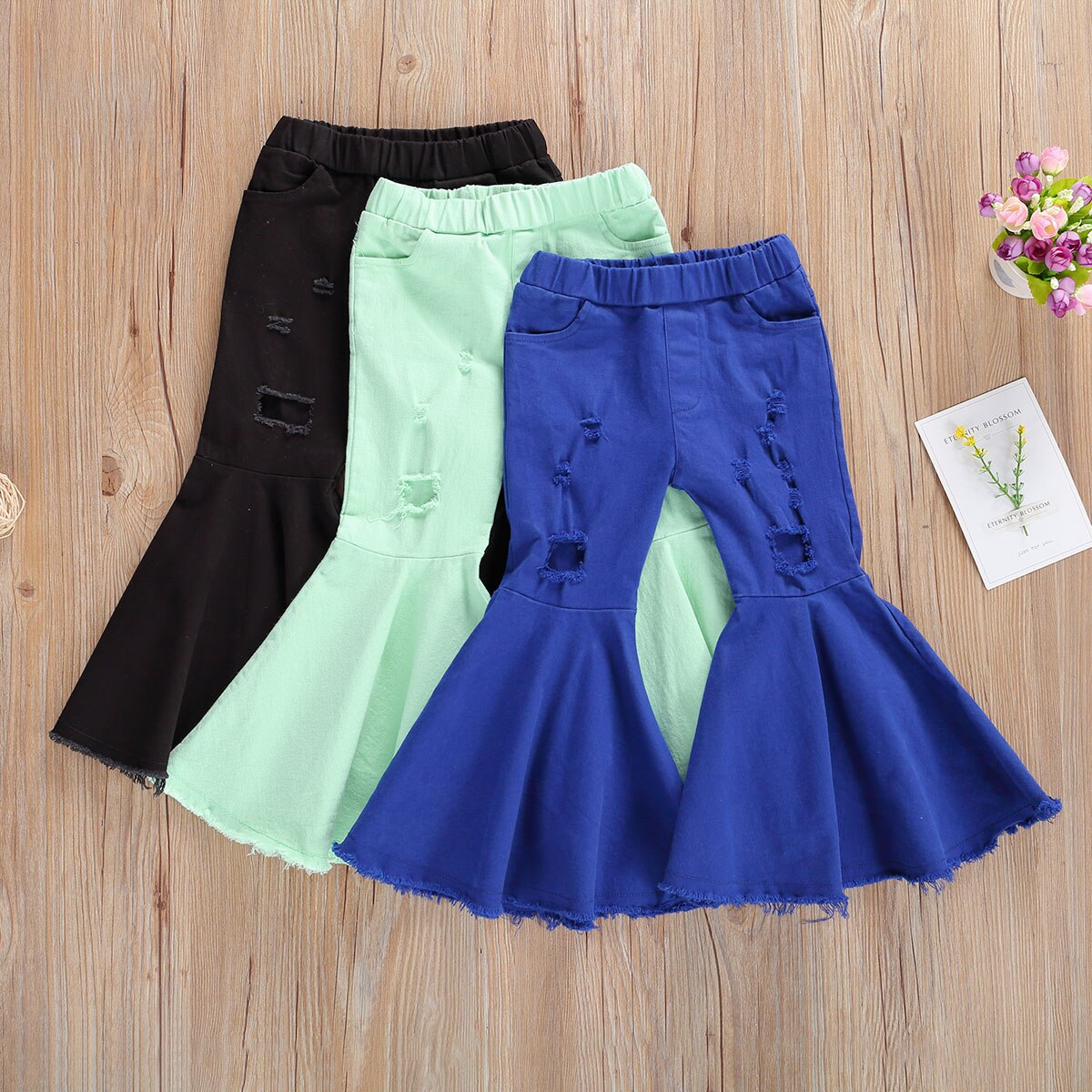 Peuter babymeisjes gescheurde broek elastische taille gerafelde ruwe zoom uitlopende lange broek effen broek baby peuter casual kleding