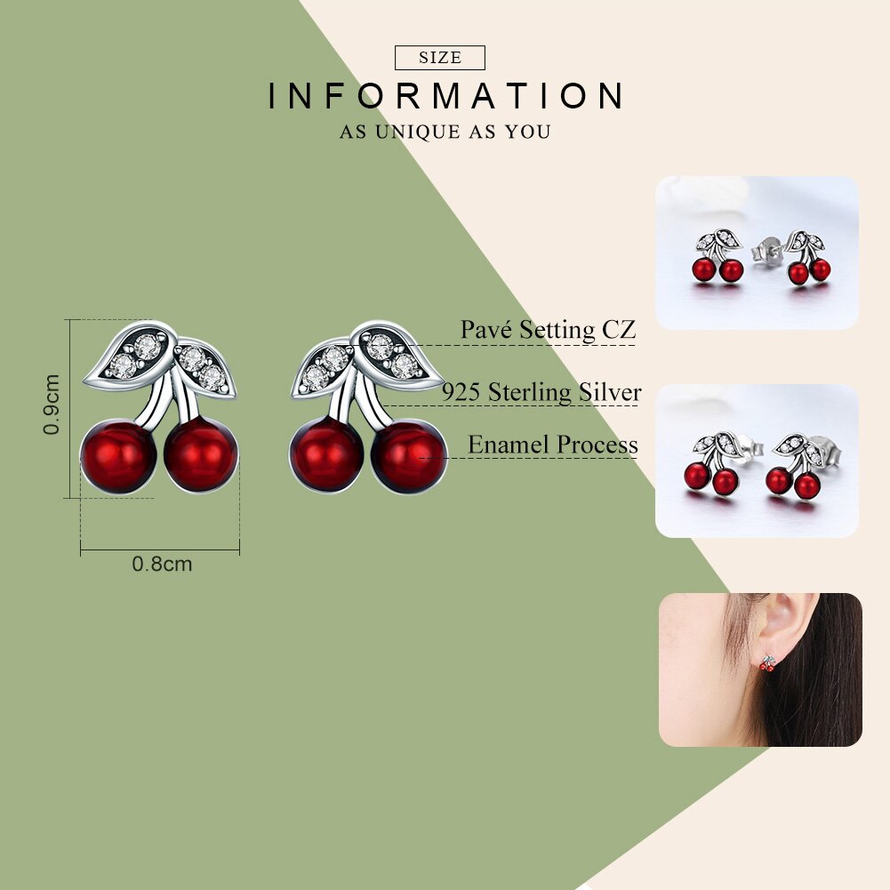 100% Bijoux 925 Sterling Silber Süße Rote Kirsche Obst Emaille Stud Ohrringe für Frauen Ohrringe Schmuck Brincos ECE404