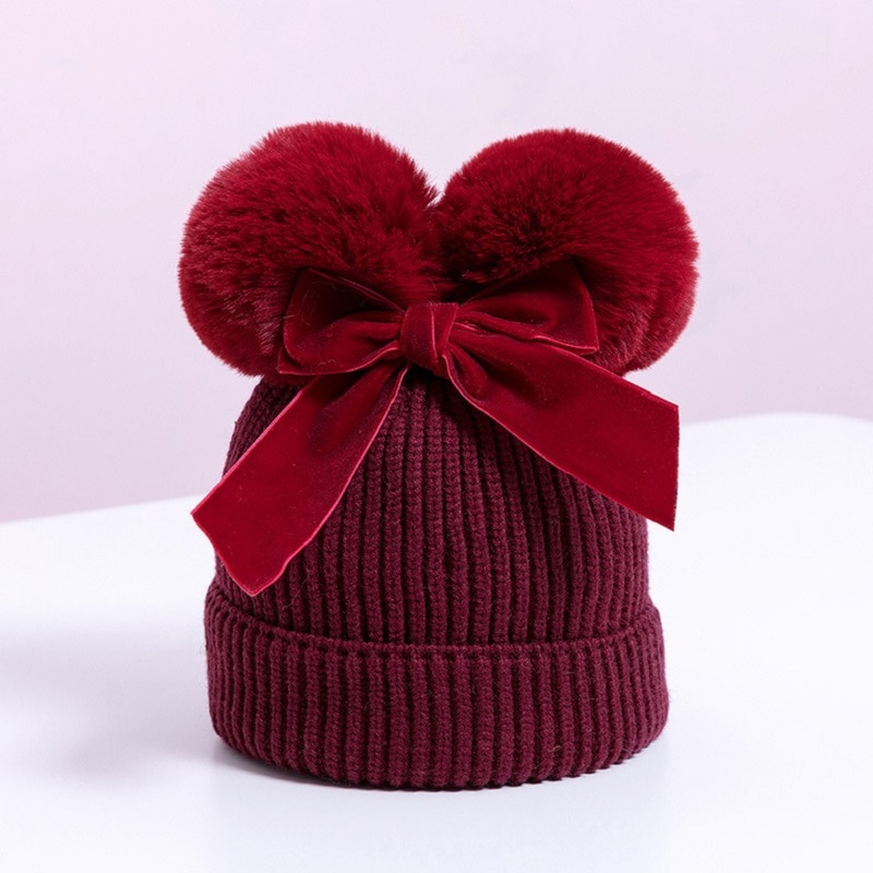 Chapeau d'hiver à Double pompon pour enfants | Chapeau avec nœud, casquette Crochet, chapeau et épais, chapeaux pour bébés