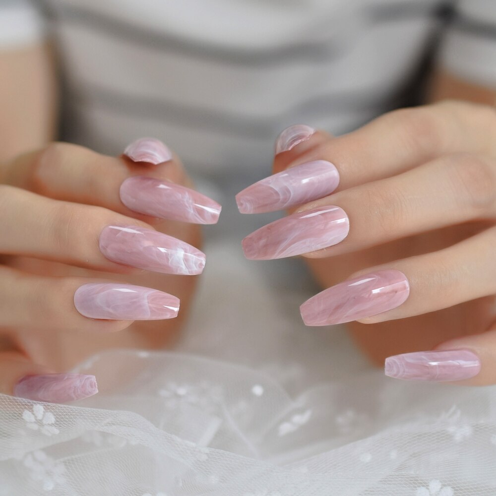 Ongles longs en forme de cercueil, en marbre rose Extra-Long, motifs pierre brillante, ballerine, pointes d'ongles à la pré-conçus, avec onglets à colle