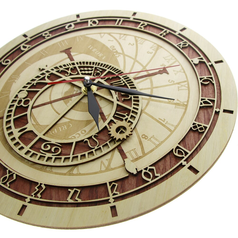 Prague Astronomical Clock in Wood Czech Republic Medieval Astronomy Wall Hanging Clock Astrology Decorative Wall Timepiece