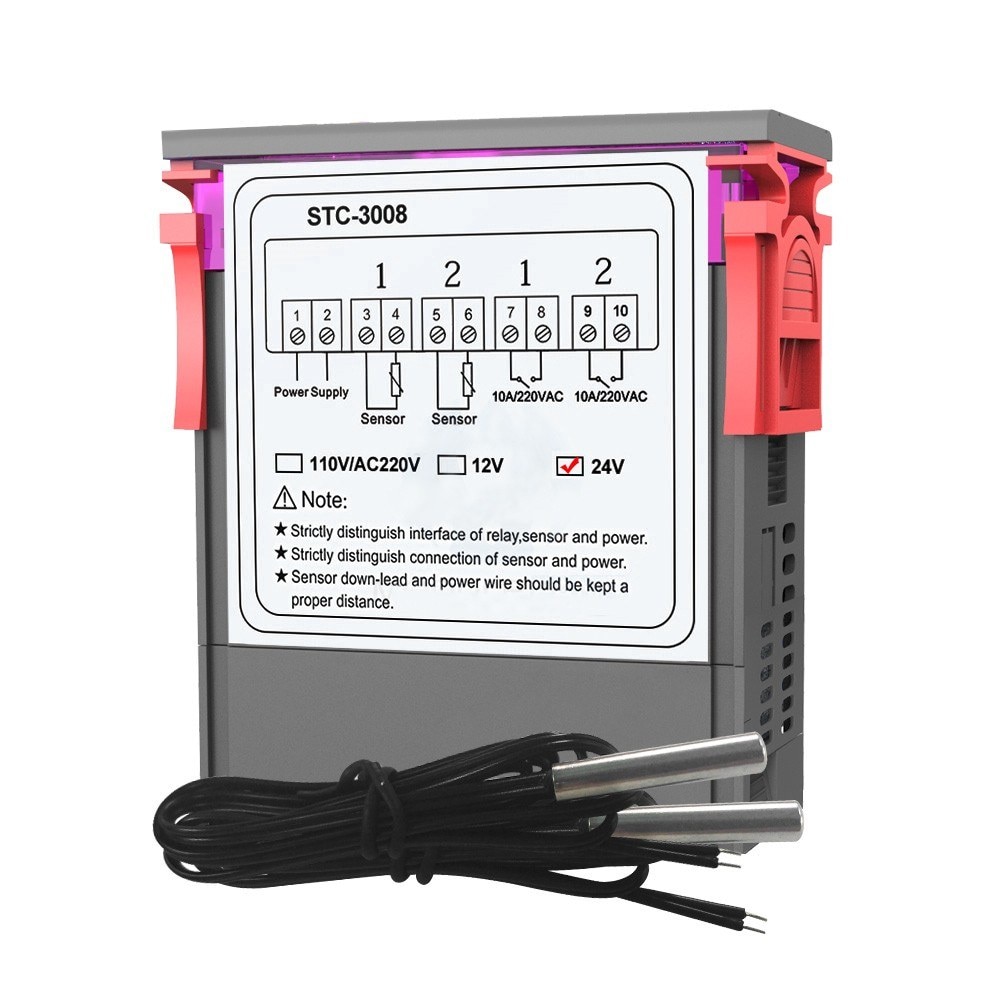 Dual Digital Display Thermostat Temperature Regulator Temperature Controller Double NTC Probe Heater Sensor Two Relay Output 24V