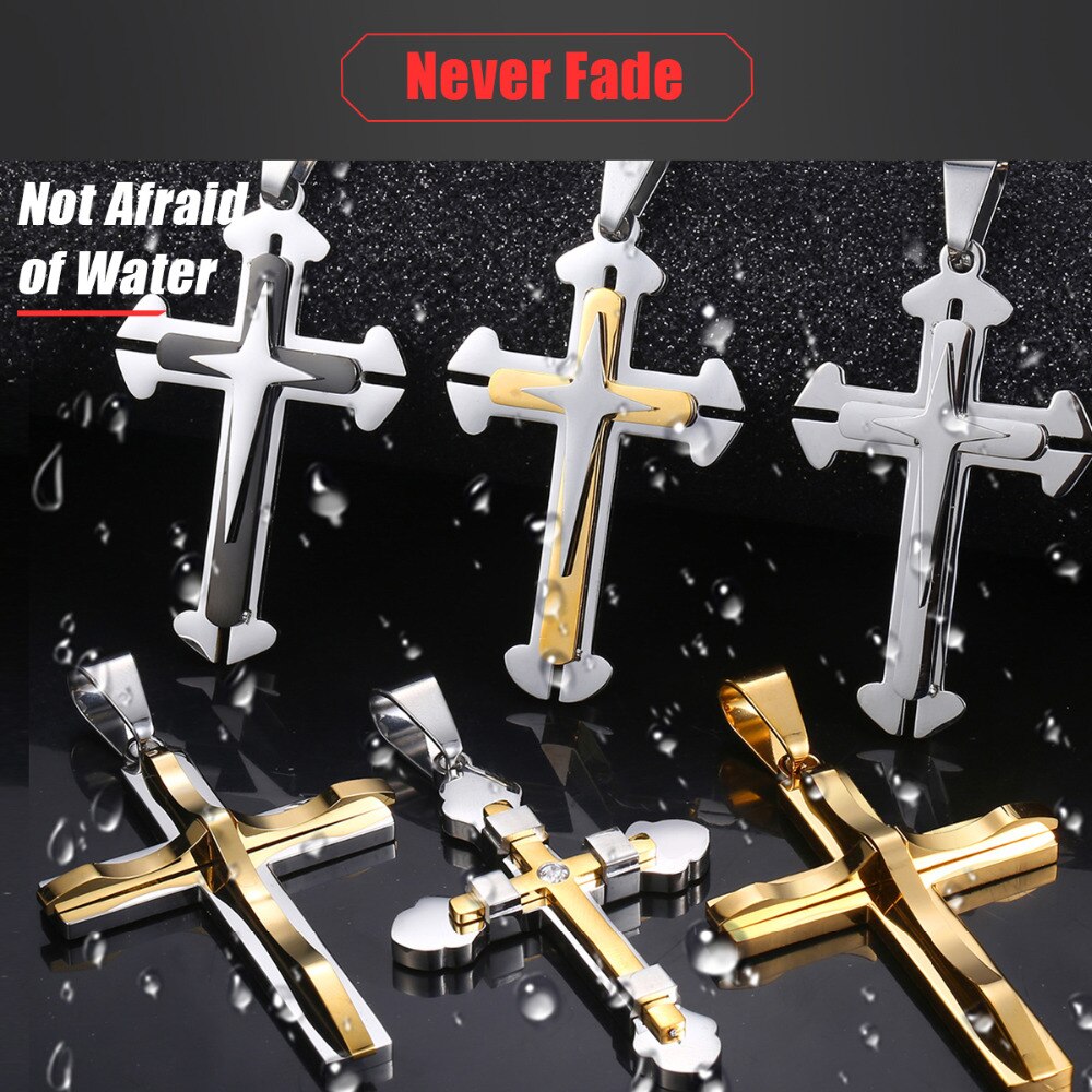 Davieslee 15 Styles Stainless Steel Cross Pendant for Men Gold Silver Color Multi Layers Clear CZ Trendy Jewelry DLKPP1