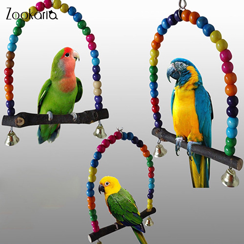 1pc papagaios de madeira natural brinquedo balanço pássaros colorido contas suprimentos de pássaro sinos brinquedos poleiro pendurado balanços gaiola para animais de estimação