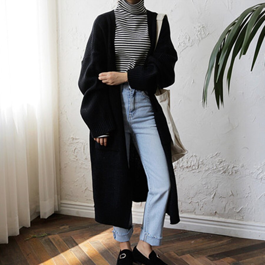 Dicloud lang cardigan kvinner harajuku løs strikket genser kvinner casual svart oversized jakke kåpe høst
