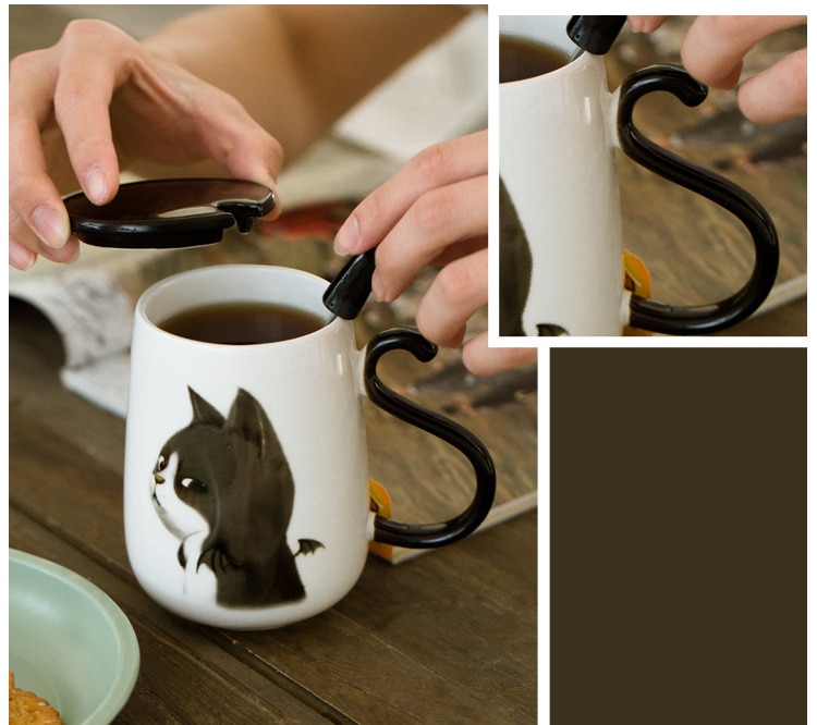 500ml tegneserie 3d kat keramik krus med låg og ske mælk kaffe te kop porcelæn krus valentinsdag