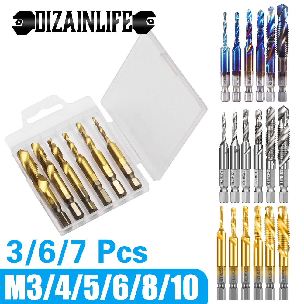 Metric Thread Tap Drill Bits Set Hex Shank HSS Titanium Plated Screw Thread Combination Drill Tap M3 M4 M5 M6 M8 M10 Hand Tools