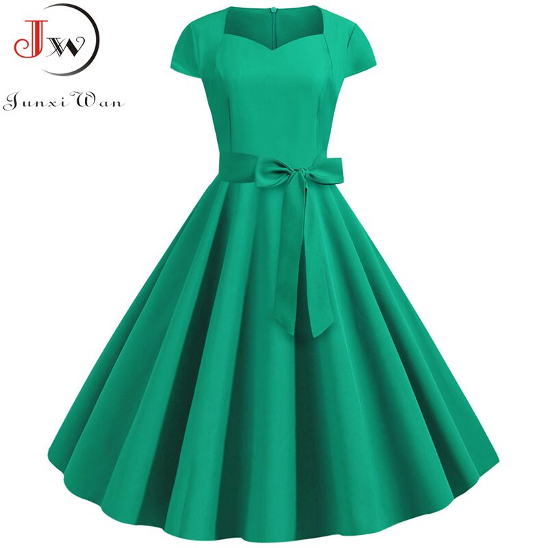 Summer Women's Dress Short Sleeve Solid Vintage Retro Big Swing Office Party Midi Sundress: L / green