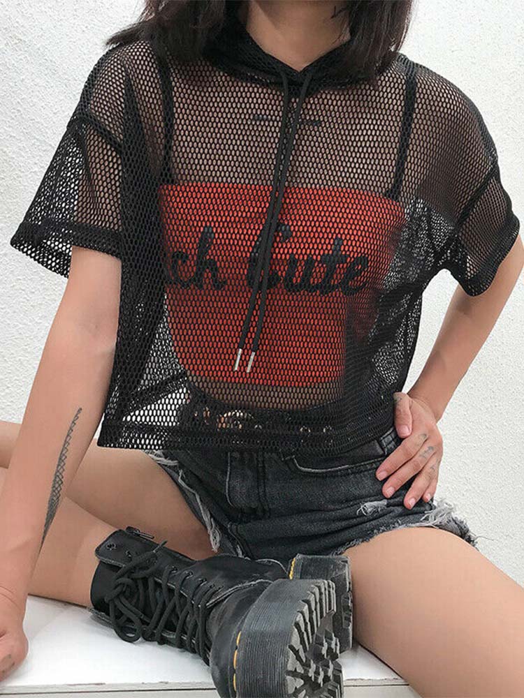 T-Shirt à Capuche en Maille Creuse pour Femme, Manches Courtes, Noir, Transparent, Swxy, Wlwear, ix