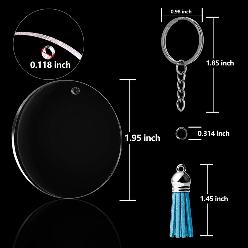 64 Stck Acryl transparent Scheiben leer Schlüsselanhänger Kreis Schlüssel Ketten und Quaste Anhänger Schlüsselring für DIY Projekt und Handwerk