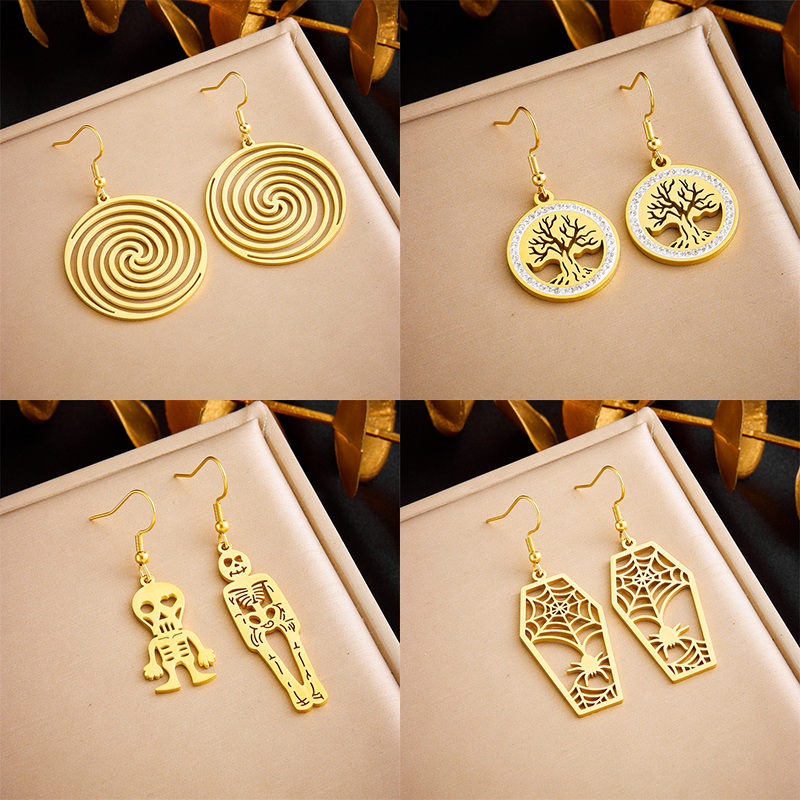 Dieyuro 316l Roestvrij Staal Skelet Spinnenweb Boom Oorbellen Voor Vrouwen Mode 2-kleuren Oor Druppel Sieraden Areten