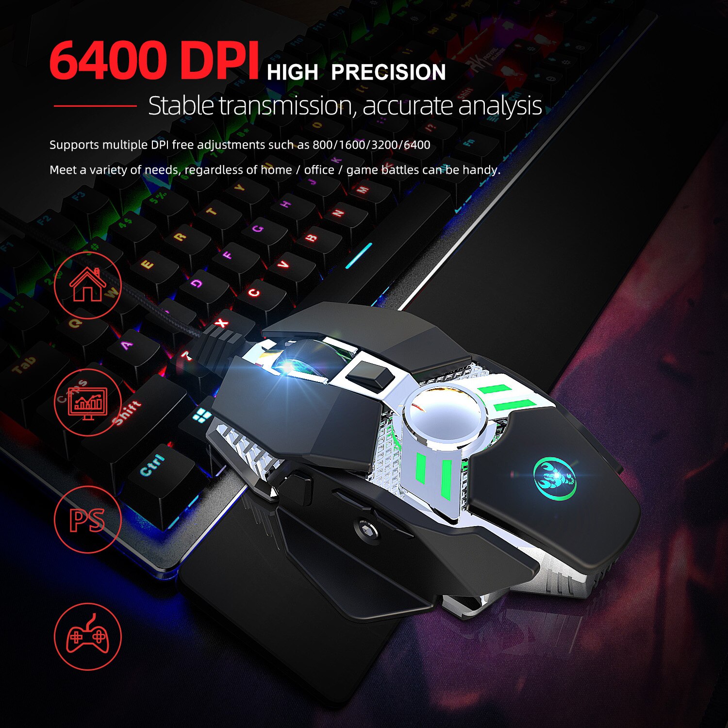 Wired Gaming Mouse Aluminum Computer mice Gaming RGB Mouse Gamer Ergonomic Mouse 7 Button 6400DPI LED Silent Game Mice For PC La